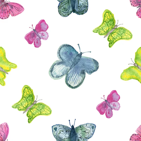水彩手は 白の背景に隔離された多色青 黄色とピンクの異なる蝶とカラフルな夏のシームレスなパターンを描いた デザイン要素のための美しいプリント — ストック写真
