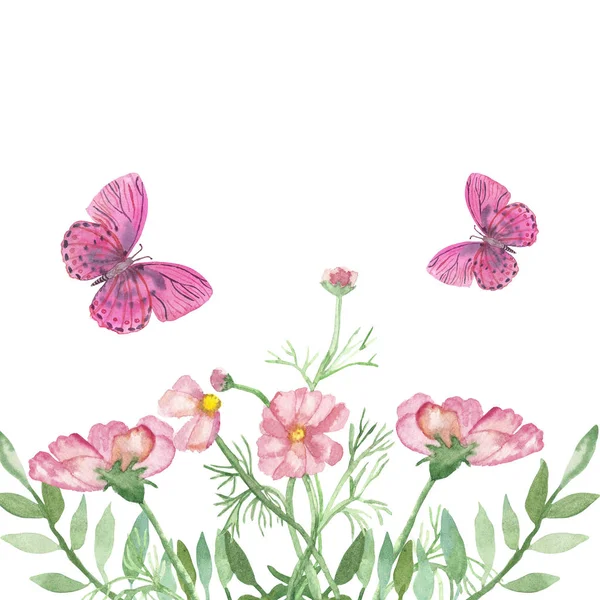 緑の葉と枝 ピンクの花と招待状とテキストのためのスペースとグリーティングカードのための白い背景に2羽の蝶と水彩手描きの自然ロマンチックな組成物 — ストック写真