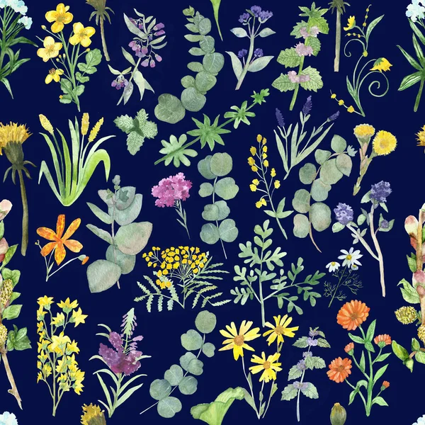 Watercolor Hand Painted Nature Herbal Plants Composition Seamless Pattern Green — ストック写真