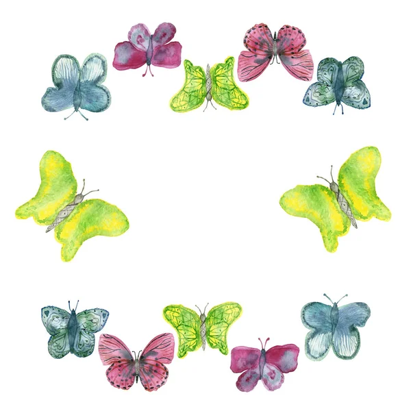 Kulatý akvarel rám jasných barevných motýlů izolovaných na bílém pozadí — Stock fotografie