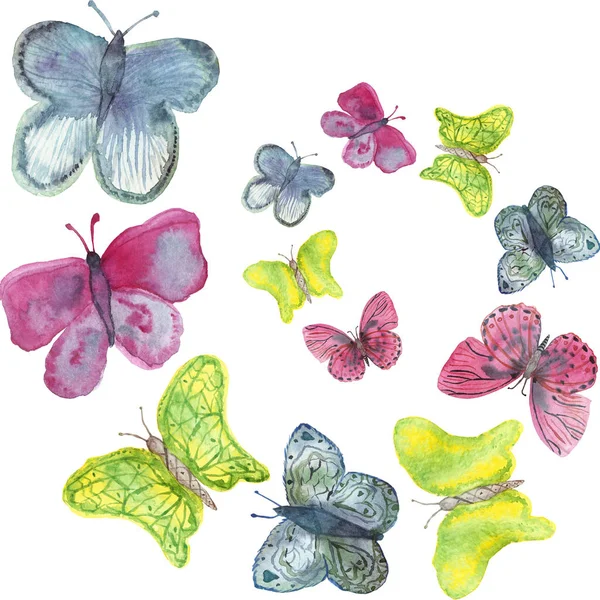 Akwarelowy wzór jasnych kolorowych motyli odizolowanych na białym tle. — Zdjęcie stockowe