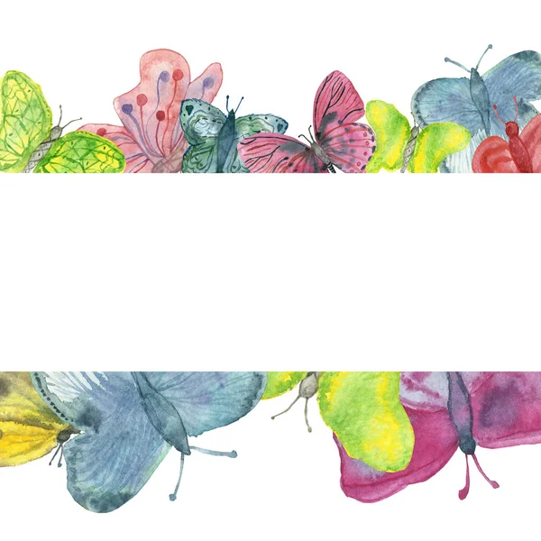 Watercolor banner of bright large colorful butterflies isolated on a white background. — ストック写真