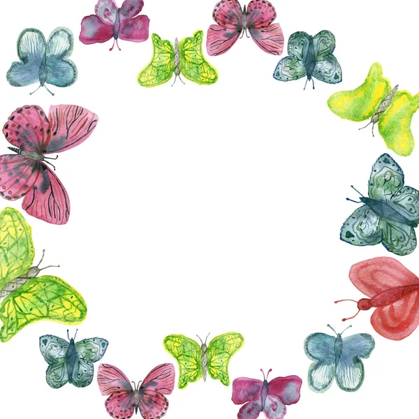 Kulatý akvarel rám jasných barevných motýlů izolovaných na bílém pozadí — Stock fotografie