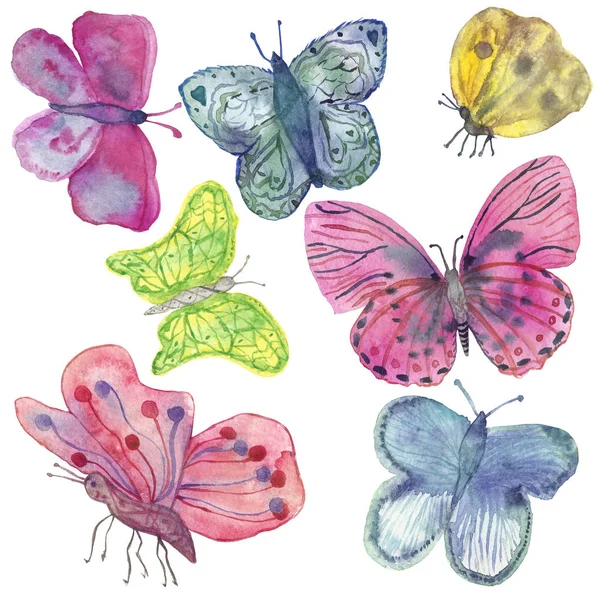 Watercolor pattern of bright colored butterflies isolated on a white background. — ストック写真