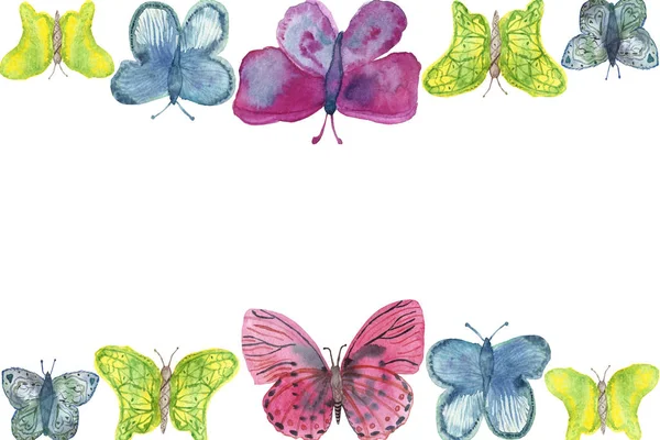 Watercolor banner of bright large colorful butterflies isolated on a white background. — ストック写真