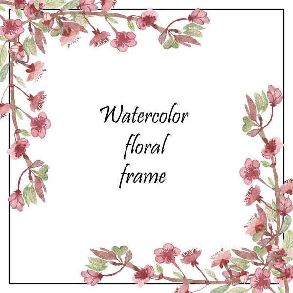 水彩手描き自然花の正方形の枠とピンクのリンゴの木の花の組成花束招待状とテキストのためのスペースとグリーティングカードのための白い背景に — ストック写真