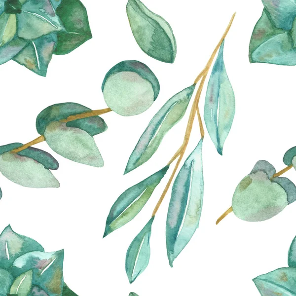 Watercolor hand painted nature plants seamless pattern with different green eucalyptus leaves on brown branches, trendy print for design elements, textile and wallpapers