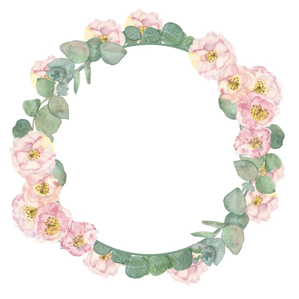 Watercolor hand painted nature circle floral wreath frame with green eucalyptus leaves and branches and pink apple blossom flowers on the white background for invitations and greeting cards