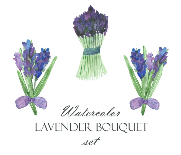 水彩手描きの自然ロマンチックな花の組成紫とライラックラベンダーの花 緑の葉と枝の白い背景に分離弓とテープで3つの花束を設定します — ストック写真