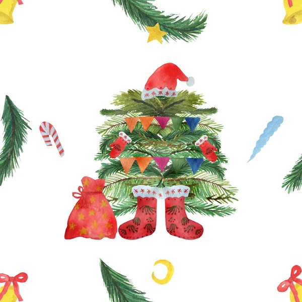 Christmas pattern of green Santa Christmas trees with gifts. Watercolor composition for Christmas and New year. Beautiful design for gifts. Perfect for congratulations. — Stock Photo, Image