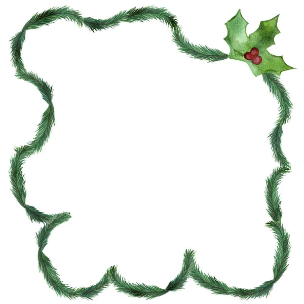 圣诞框架是由圣诞树的绿色枝条和红色浆果做成的。 圣诞节和新年的水彩卡。 精美的设计，为您的文字留出空间. — 图库照片