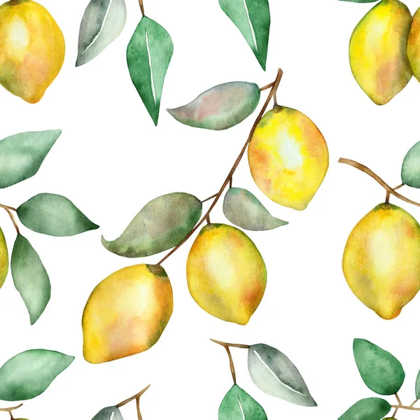Acquerello Dipinto Mano Natura Senza Soluzione Continuità Con Limoni Gialli — Foto Stock