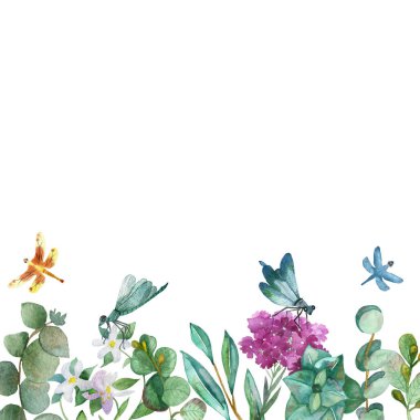 Suluboya el resmi doğa botanik kompozisyonu yeşil okaliptüs dalları, pembe çiçek, mavi ve turuncu yusufçuk böcekleri beyaz zemin üzerinde davet ve tebrik kartı ile