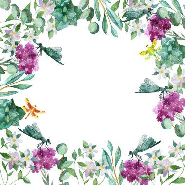 Suluboya el, yeşil okaliptüs yaprakları ve dalları, pembe çiçekler, mavi, turuncu ve sarı yusufçuk böcekleriyle beyaz arka planda doğal ve fauna kare sınır çerçevesini boyadı.