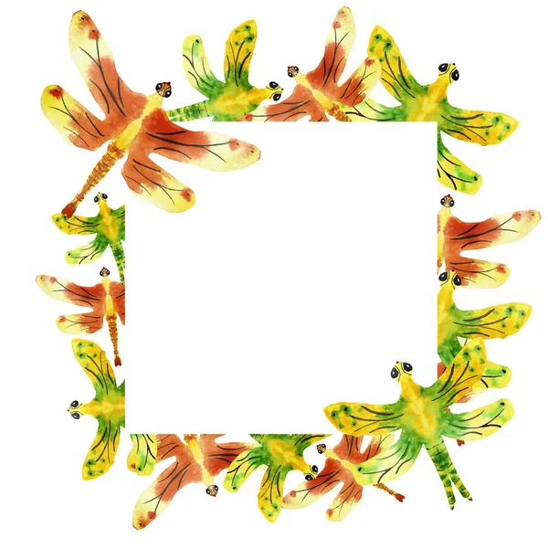 Watercolor Hand Painted Nature Fauna Squared Border Frame Yellow Green — ストック写真