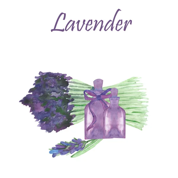 Aquarel Hand Geschilderd Natuur Bloemen Spa Compositie Met Paarse Lavendel — Stockfoto