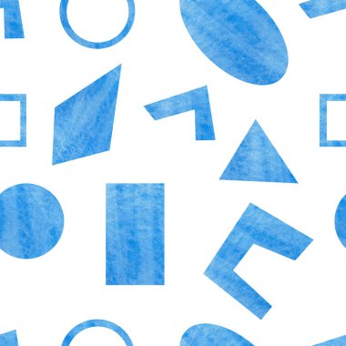 Suluboya elle boyanmış geometrik şekil mavi daire, rhomb, dikdörtgen, kare, üçgen ve beyaz arkaplanda izole edilmiş diğer geometri şekilleri, moda baskısı