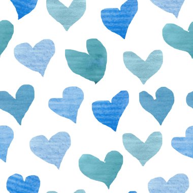 Suluboya el, beyaz arka planda izole edilmiş açık mavi ve koyu renk kalp şekilli, kusursuz desenli, Aziz Sevgililer Günü tasarım elementleri için modaya uygun desenler çizdi.