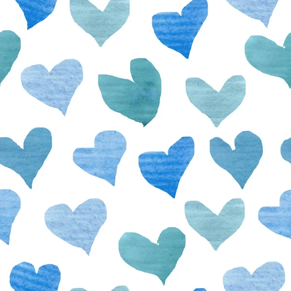 Suluboya el, beyaz arka planda izole edilmiş açık mavi ve koyu renk kalp şekilli, kusursuz desenli, Aziz Sevgililer Günü tasarım elementleri için modaya uygun desenler çizdi.