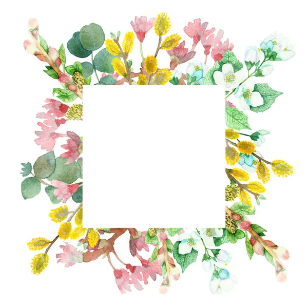 Watercolor hand painted nature floral squared border frame with yellow willow, green eucalyptus leaf, white jasmine and pink apple blossom flowers on the white background for invite and greeting cards