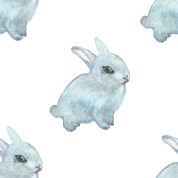 水彩画手绘大自然野生动物无缝图案 白色背景上孤立着小蓝兔 婴儿和动物园设计元素和卡片的流行图案 — 图库照片