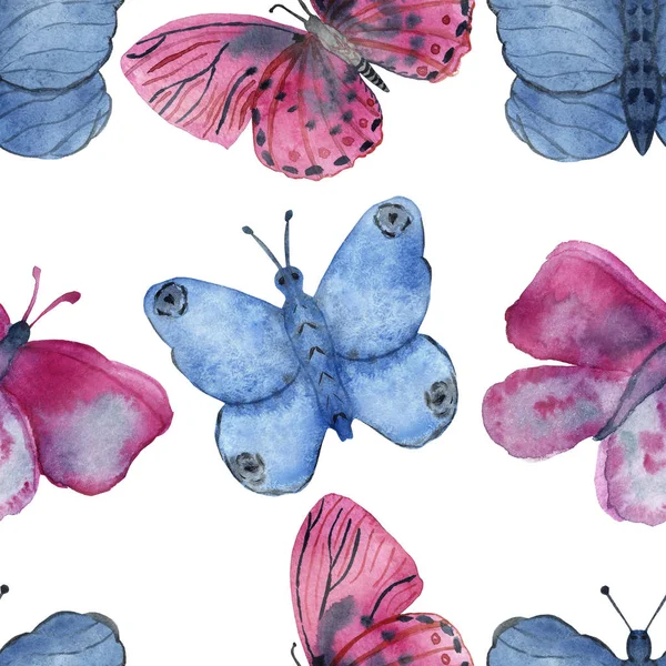 Akvarel Ručně Malované Divoké Přírody Bezešvé Vzor Růžové Modré Motýly — Stock fotografie