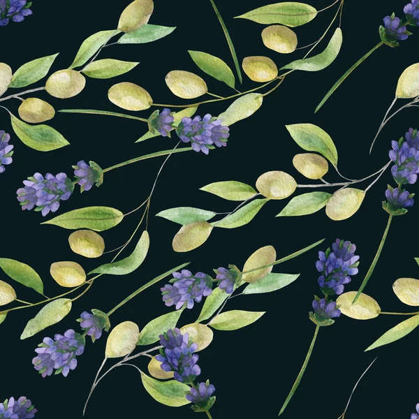 水彩手描きの自然花ギリシャのシームレスなパターン紫ラベンダーの花と青の背景に葉を持つ緑のオリーブの枝 デザイン要素のためのトレンディーな印刷 — ストック写真