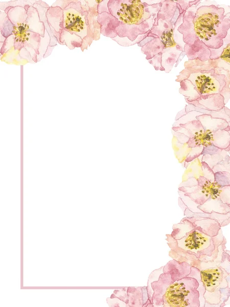 Watercolor Pintado Mão Natureza Floral Quadrado Quadro Composição Com Rosa — Fotografia de Stock