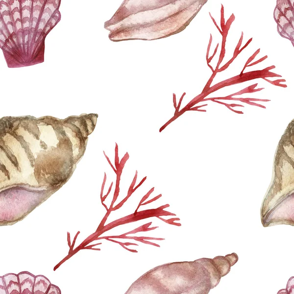 Watercolor hand painted sea nature seamless pattern with red coral, pink, brown and yellow different shape seashell isolated on the white background, trendy print for summer holiday cards