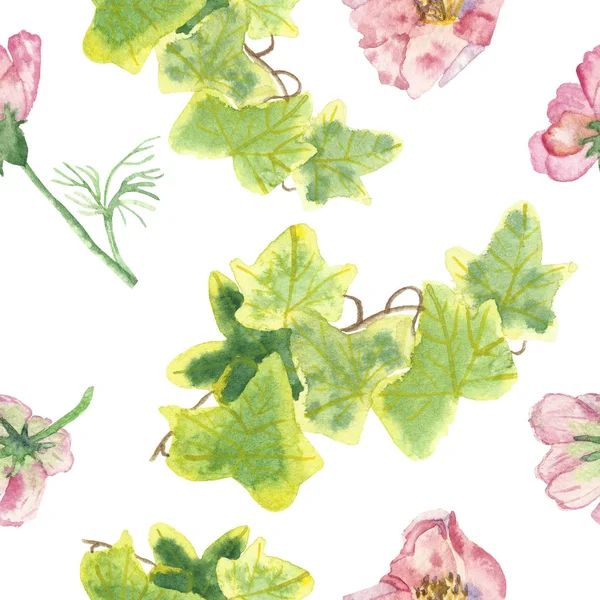 Acquerello Dipinto Mano Natura Floreale Senza Soluzione Continuità Con Fiori — Foto Stock