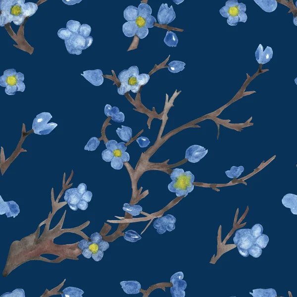 Aquarell Handbemalt Natur Dunkel Nahtloses Muster Mit Hellblauen Blütenkirschblüten Auf — Stockfoto
