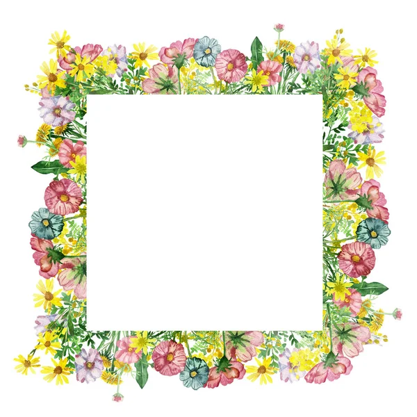 Aquarel Hand Geschilderd Natuur Bloemenweide Vierkante Rand Frame Met Roze — Stockfoto