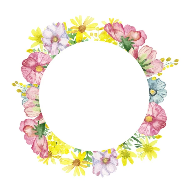 Watercolor hand painted nature floral meadow circle frame with pink acacia, Arnica, wormwood, blue Daisy, yellow dandelion flowers bouquet composition on the white background with the space for text