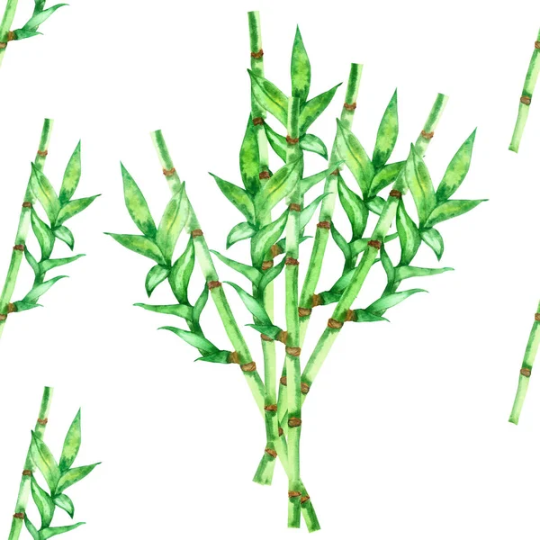 Watercolor hand painted nature tropical seamless pattern with green bamboo leaves on branches isolated on the white background, trendy jungle print composition for texture design elements