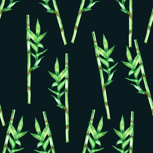 Watercolor hand painted nature eco seamless pattern with green bamboo leaves on branches, tropical plants isolated on the dark blue background, trendy jungle print for wallpapers and textile