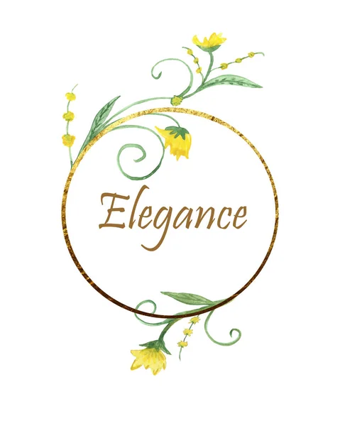 Watercolor hand painted nature floral composition with circle golden border frame and yellow blossom flowers on the green branches on the white background with elegance for the space for text