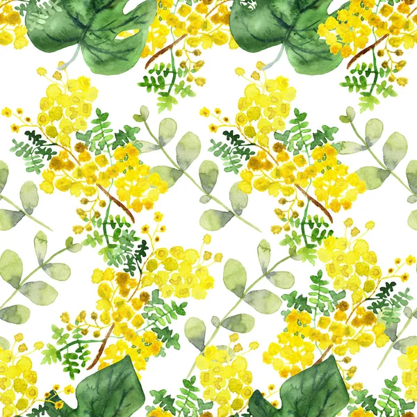 Akwarela Ręcznie Malowane Natura Łąka Kwiatowy Bezszwowy Wzór Żółtą Akacją — Zdjęcie stockowe