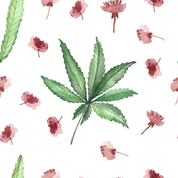 水彩画手绘自然草本植物无缝图案 粉红色的苹果花和大麻叶在枝条上隔离在白色背景下 流行的图案图案为设计元素 — 图库照片