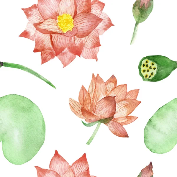 Watercolor hand painted nature floral water plants seamless pattern with peach color blossom lotus flowers with yellow center, buds and green leaves on branches isolated on the white background