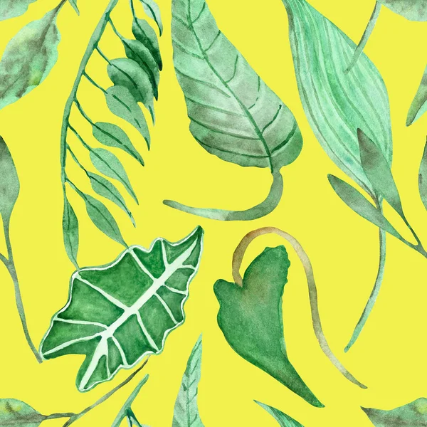 緑の異なるジャングルの葉が黄色の背景に隔離され テキスタイル 壁紙やテクスチャのための流行のカラフルなプリントと水彩手描きの自然熱帯シームレスパターン — ストック写真