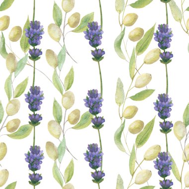 Suluboya el, doğayı boyamış. Romantik desenler, mor lavanta çiçekleri ve beyaz arka planda yeşil yapraklı zeytin dalları, modaya uygun desenler.