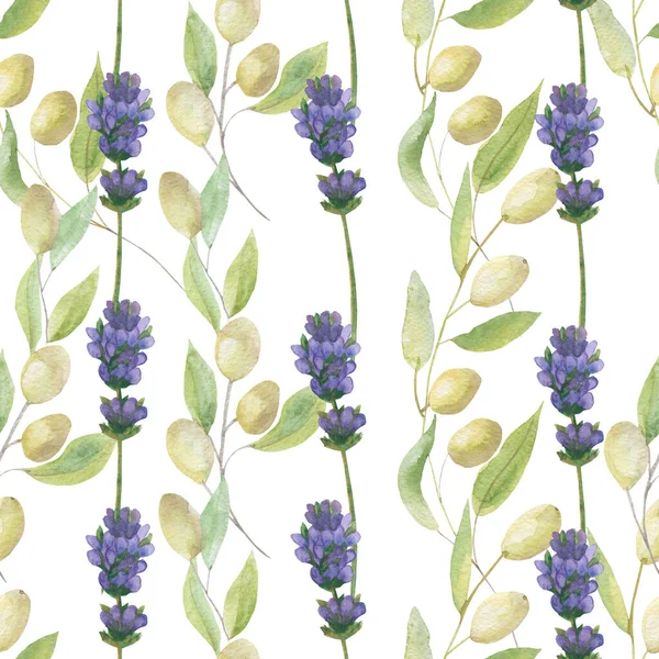 Watercolor hand painted nature provence romantic seamless pattern with purple blossom lavender flowers and olive branch with green leaves isolated on the white background, trendy print
