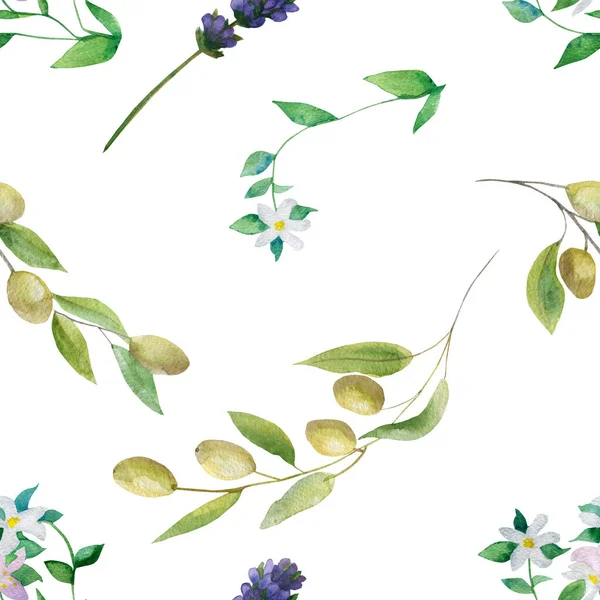 水彩手描きの自然花は緑のオリーブ 紫のラベンダーの花と白の背景に隔離された白いベルガモットの花とシームレスなパターンを証明し デザインのための牧草地のプリント — ストック写真
