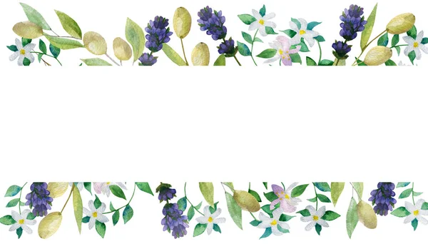 Watercolor Hand Painted Nature Provence Banner Composition Purple Lavender Flower — Stock Photo, Image