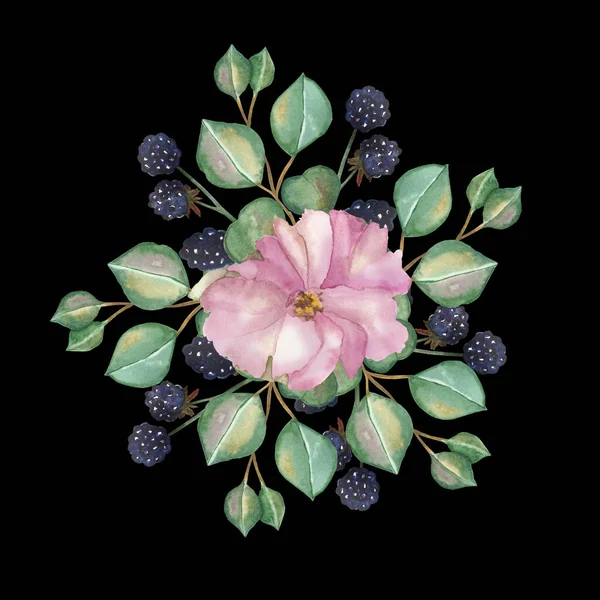 Watercolor hand painted nature floral berry composition bouquet with pink peony blossom flower, purple blackberry and green eucalyptus leaves on branches on the black background