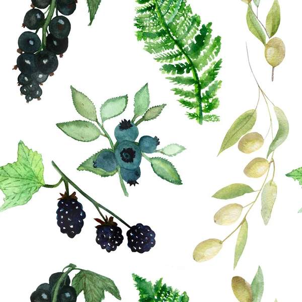Aquarell Handbemalt Natur Frische Beeren Und Grün Nahtlose Muster Mit — Stockfoto