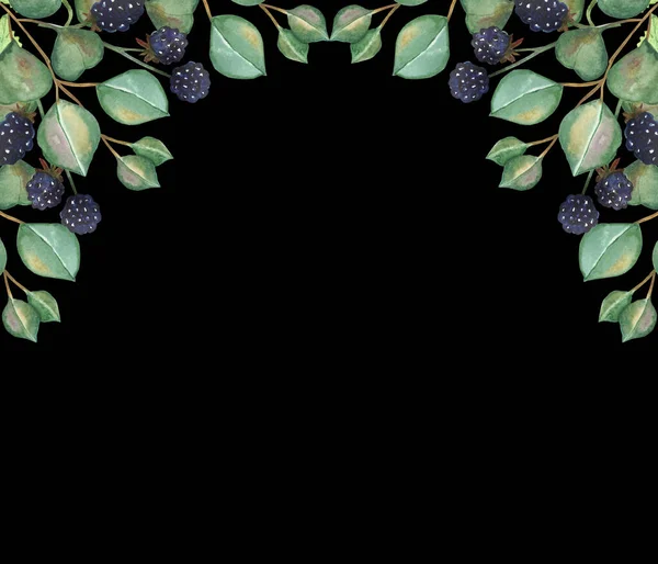 Акварель Ручной Росписи Зелени Растительности Композиция Фиолетовым Ежевикой Зеленые Листья — стоковое фото