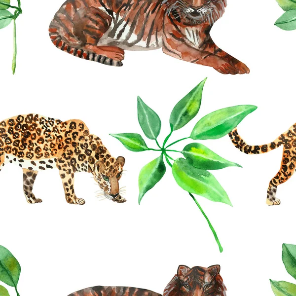 Watercolor hand painted nature wild animal greenery seamless pattern with orange and black striped tiger, spotted leopard and green eucalyptus tropical leaves isolated on the white background