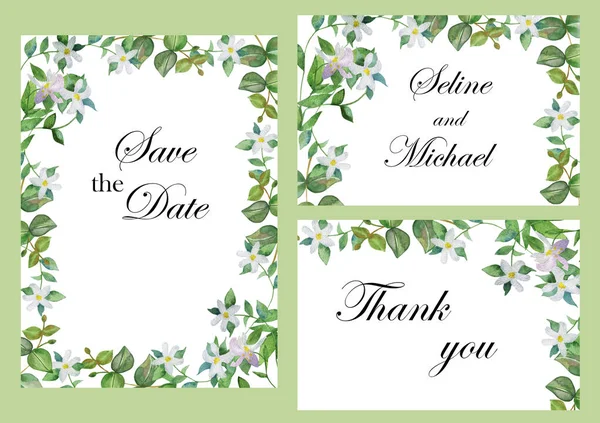 Watercolor Hand Painted Nature Wedding Frames Set Green Eucalyptus Leaves — Stock Photo, Image