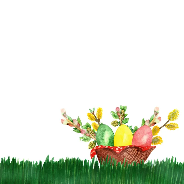 Akwarela Ręcznie Malowane Natura Wiosna Wielkanoc Skład Wakacje Zieloną Trawą — Zdjęcie stockowe